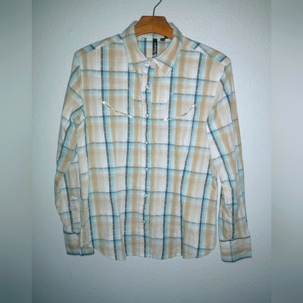 RU Cowgirl L Western Snap Cotton Beige Plaid  Shirt